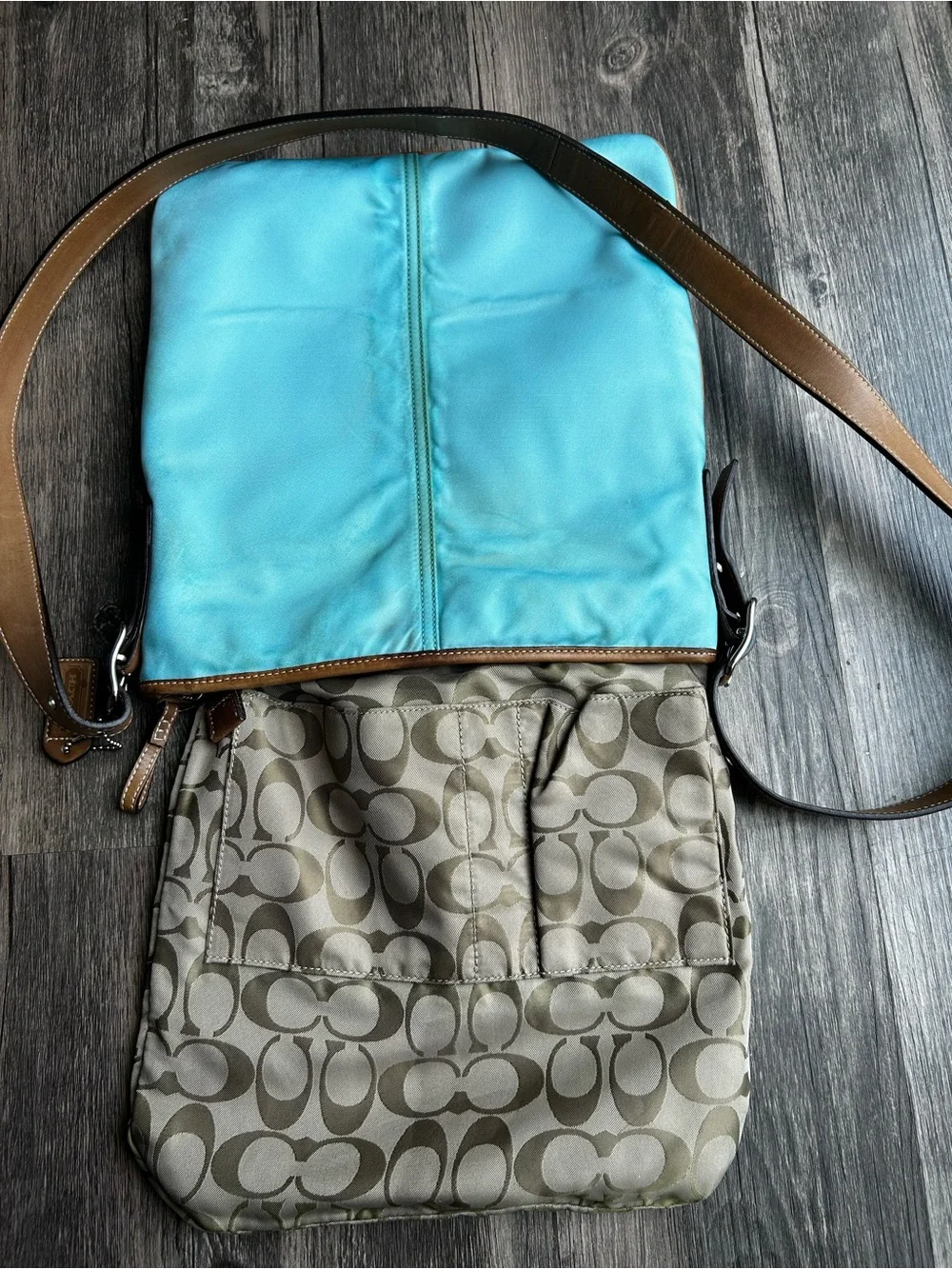 Coach Vintage File Turquoise Crossbody Bag with Tan Trim very Rare 2003